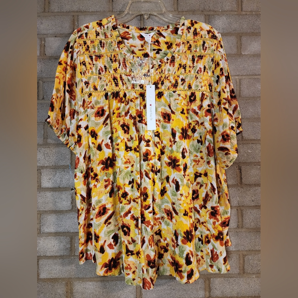 intro. Floral Yellow & Brown Short Sleeve Blouse